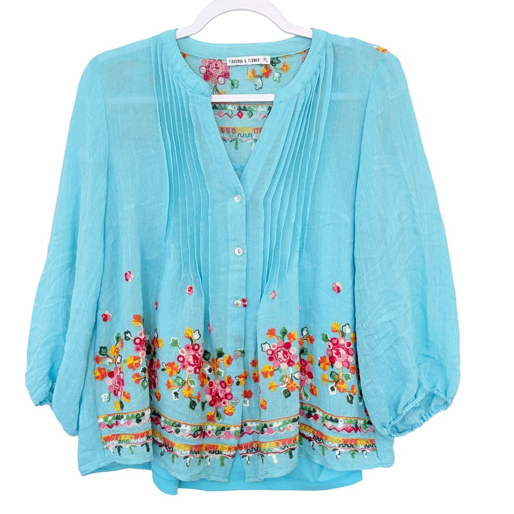 Figueroa & Flower Embroidered Peasant Blouse PL Turquoise Pintuck Cottagecore